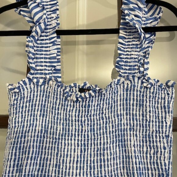 Quince Blue and White Striped Smocked Dress, Size Medium - Picture 2 of 5